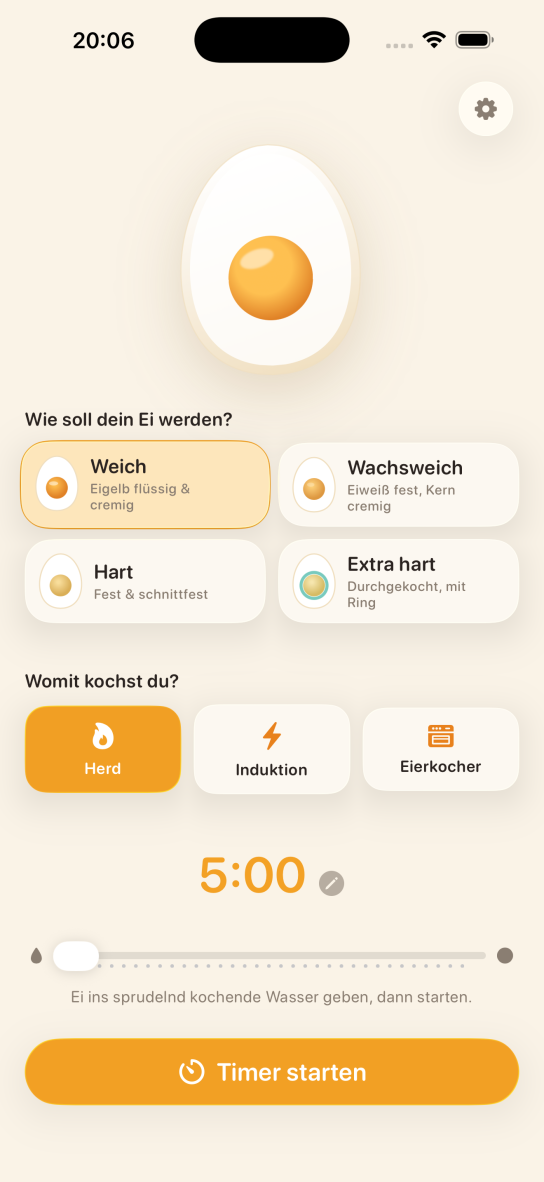 Die Eieruhr-App auf einem iPhone: weich, wachsweich, hart oder extra hart wählen, dazu Herd, Induktion oder Eierkocher, und den 5:00-Timer starten