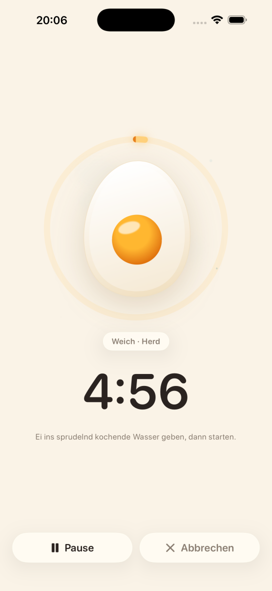 Der laufende Timer in der Eieruhr-App: ein Ei in einem bernsteinfarbenen Fortschrittsring, noch 4:53 für ein weiches Ei auf dem Herd