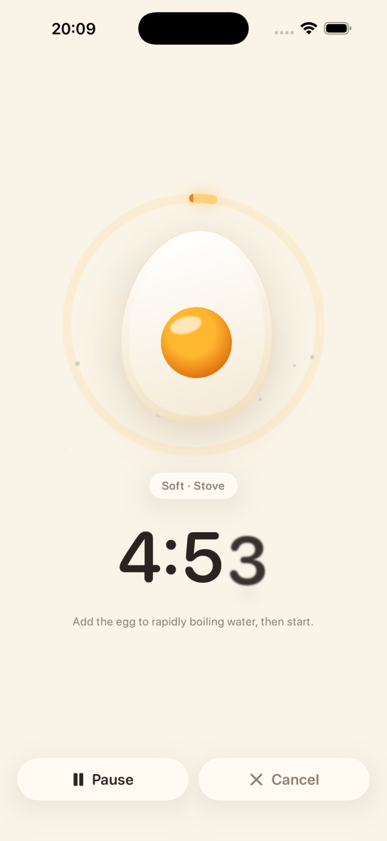 The running timer in the Egg Timer app: an egg inside an amber progress ring, 4:53 left for a soft egg on the stove